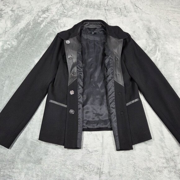 Lafayette 148 Blazer 12 Black Wool Blend Leather Trim Business Casual Jacket - Picture 2 of 10